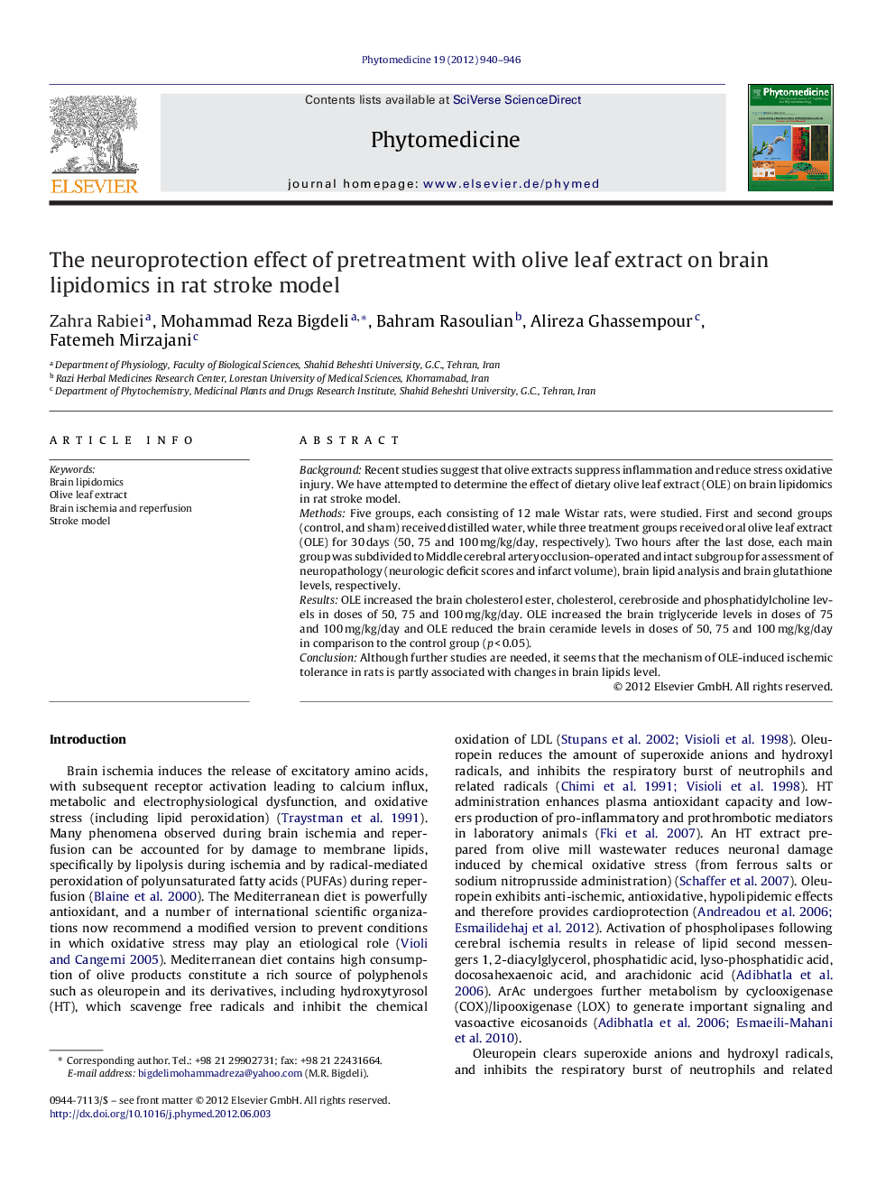 The neuroprotection effect of pretreatment with olive leaf extract on brain lipidomics in rat stroke model