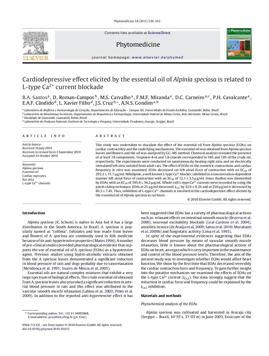 Cardiodepressive effect elicited by the essential oil of Alpinia speciosa is related to L-type Ca2+ current blockade