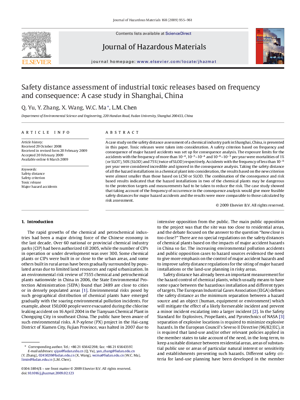 Safety distance assessment of industrial toxic releases based on frequency and consequence: A case study in Shanghai, China