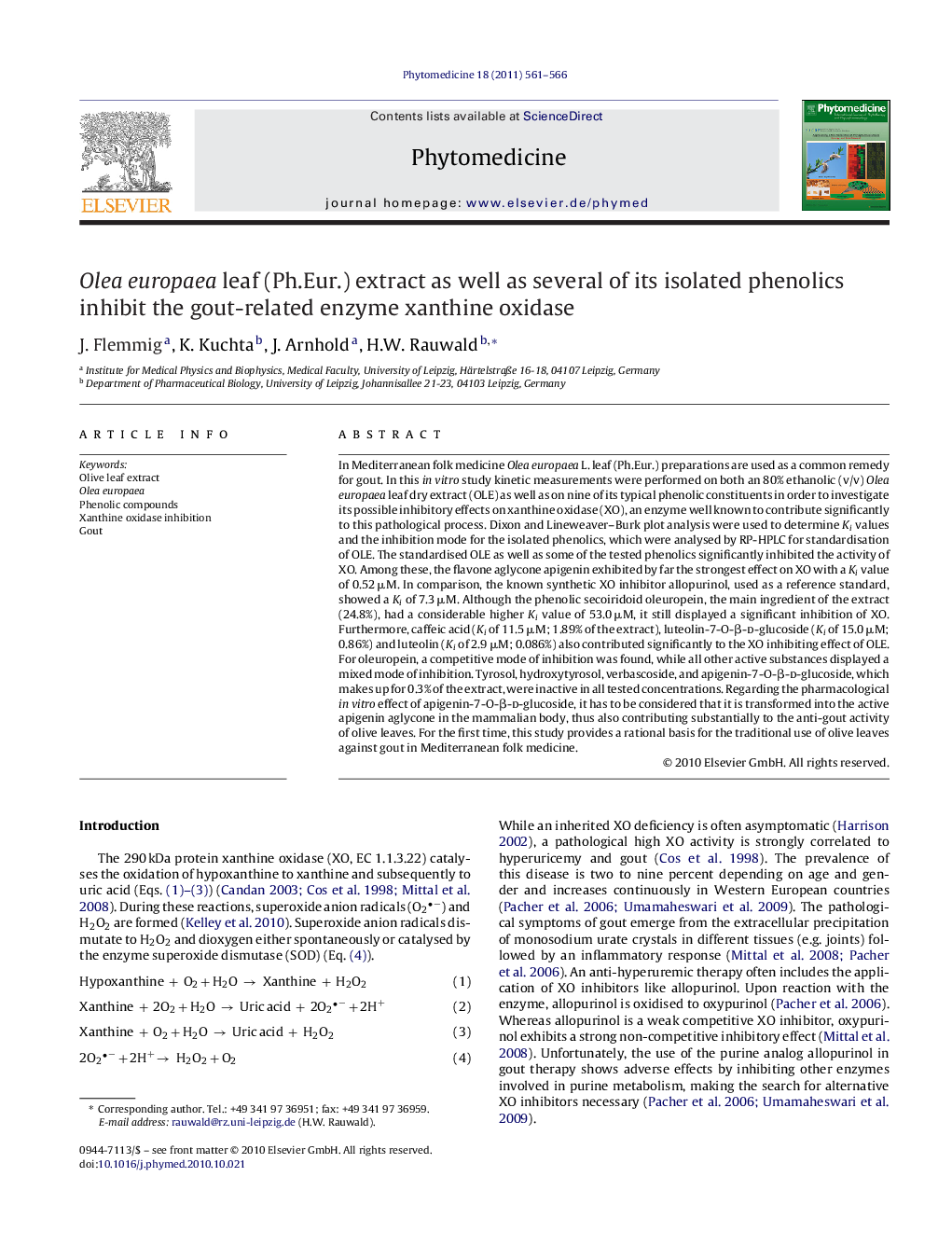 Olea europaea leaf (Ph.Eur.) extract as well as several of its isolated phenolics inhibit the gout-related enzyme xanthine oxidase