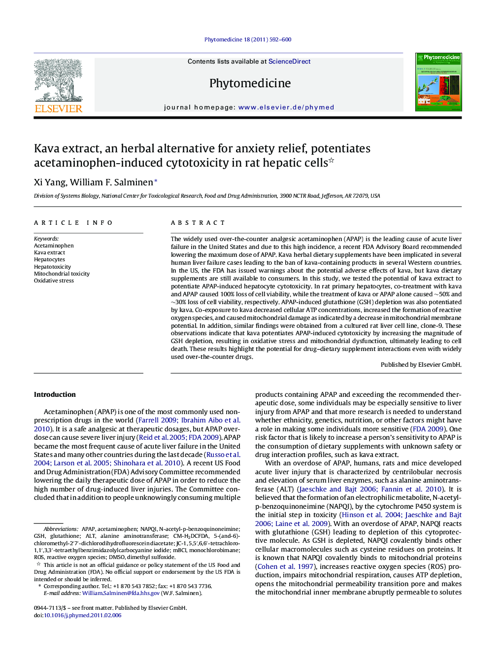 Kava extract, an herbal alternative for anxiety relief, potentiates acetaminophen-induced cytotoxicity in rat hepatic cells