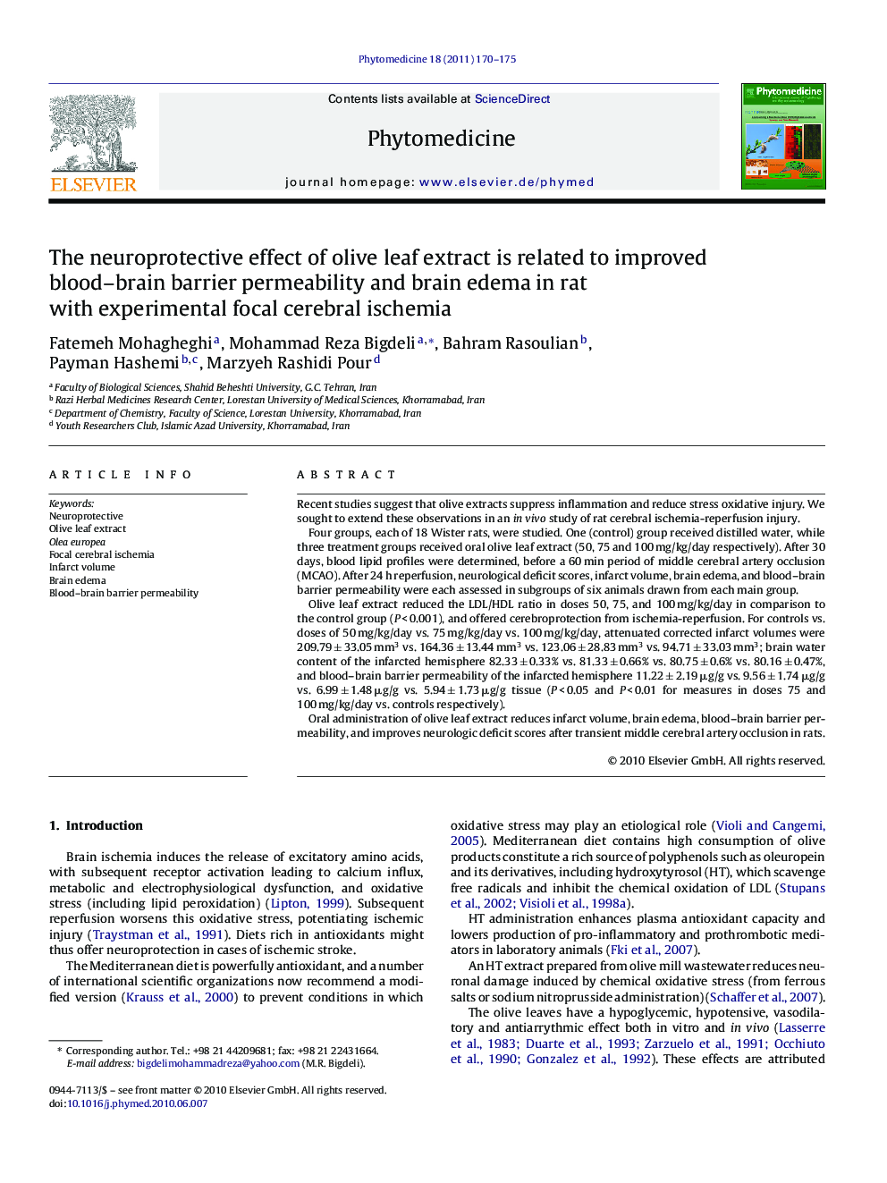 The neuroprotective effect of olive leaf extract is related to improved blood-brain barrier permeability and brain edema in rat with experimental focal cerebral ischemia