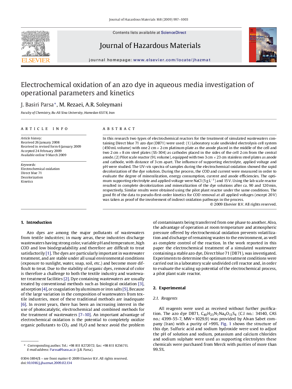 Electrochemical oxidation of an azo dye in aqueous media investigation of operational parameters and kinetics