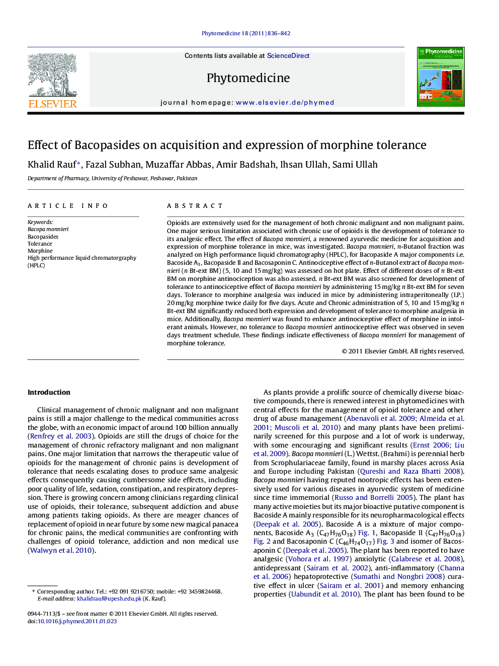 Effect of Bacopasides on acquisition and expression of morphine tolerance