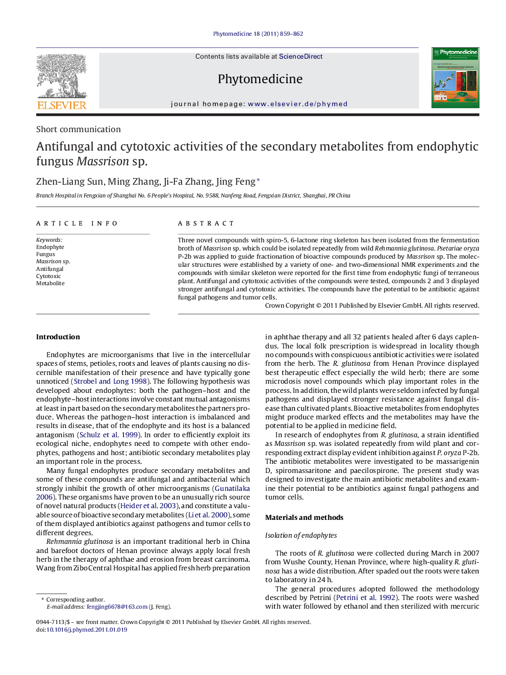 Short communicationAntifungal and cytotoxic activities of the secondary metabolites from endophytic fungus Massrison sp.