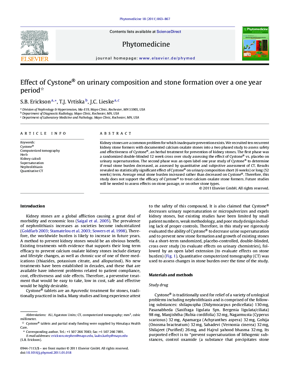 Effect of Cystone® on urinary composition and stone formation over a one year period