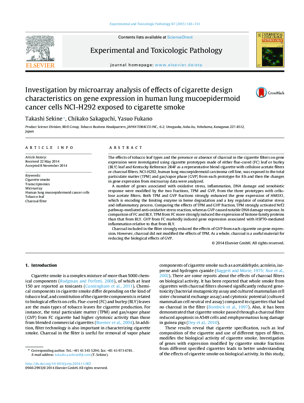 Investigation by microarray analysis of effects of cigarette design characteristics on gene expression in human lung mucoepidermoid cancer cells NCI-H292 exposed to cigarette smoke