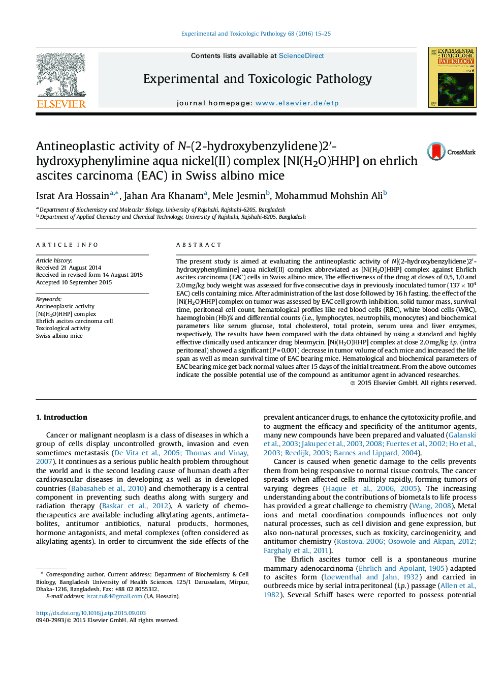 Antineoplastic activity of N-(2-hydroxybenzylidene)2â²-hydroxyphenylimine aqua nickel(II) complex [NI(H2O)HHP] on ehrlich ascites carcinoma (EAC) in Swiss albino mice