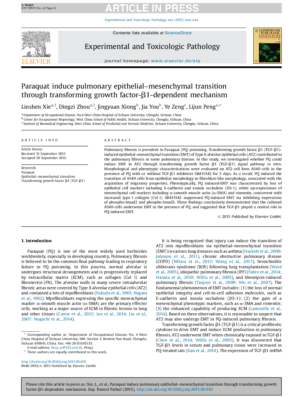 Paraquat induce pulmonary epithelial-mesenchymal transition through transforming growth factor-Î²1-dependent mechanism