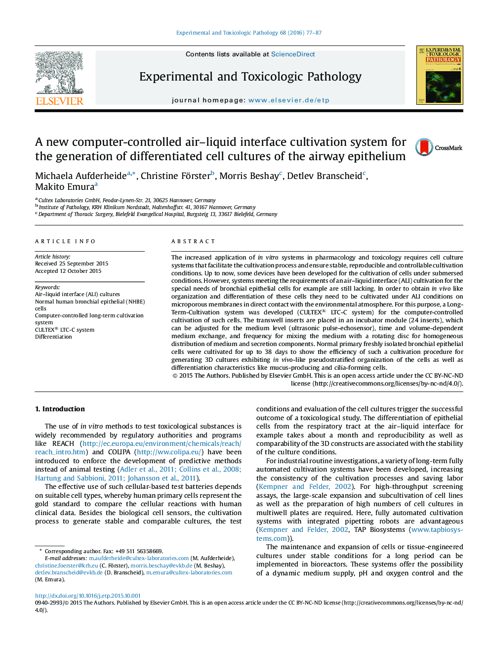 A new computer-controlled air-liquid interface cultivation system for the generation of differentiated cell cultures of the airway epithelium