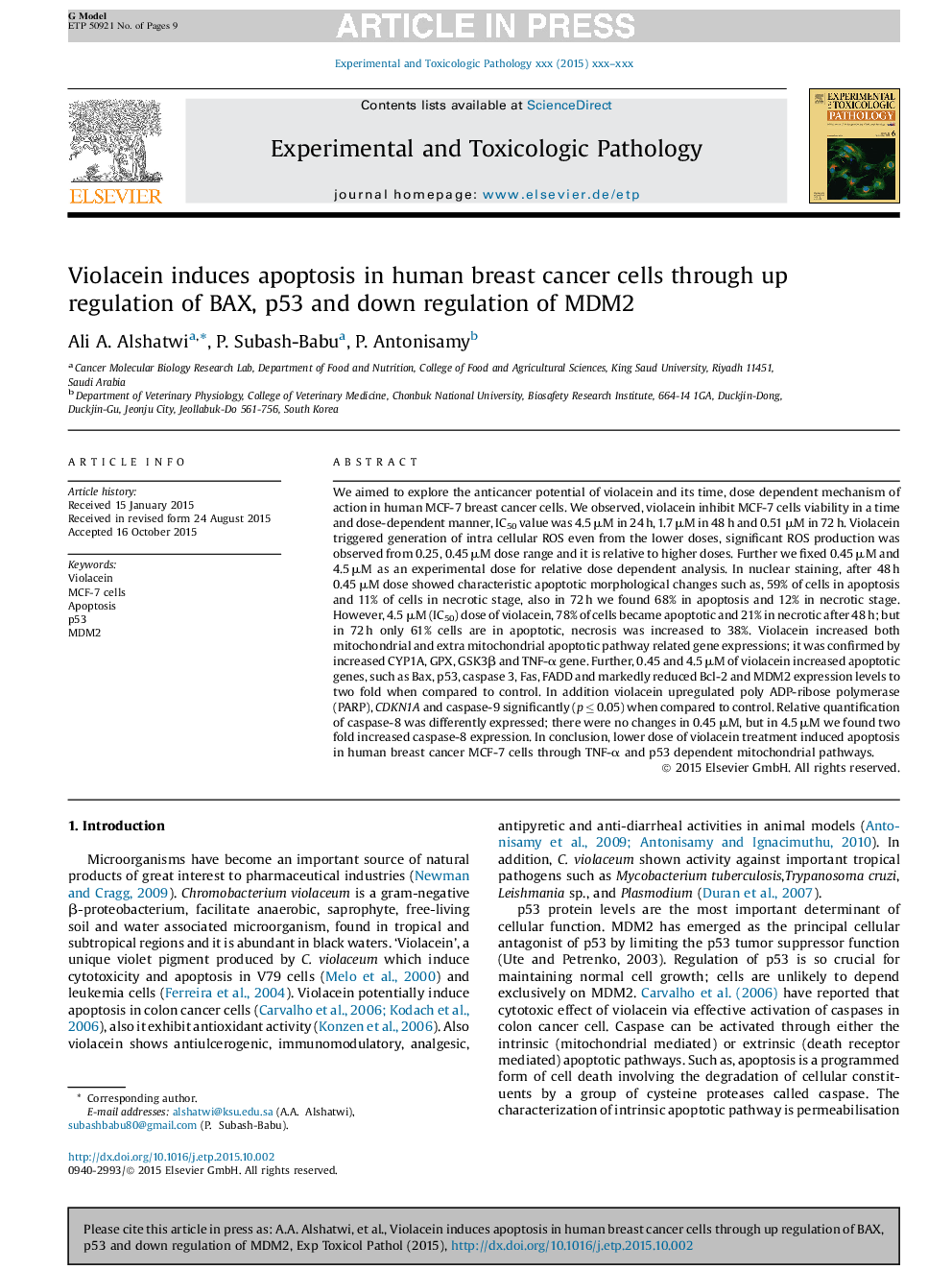 Violacein induces apoptosis in human breast cancer cells through up regulation of BAX, p53 and down regulation of MDM2