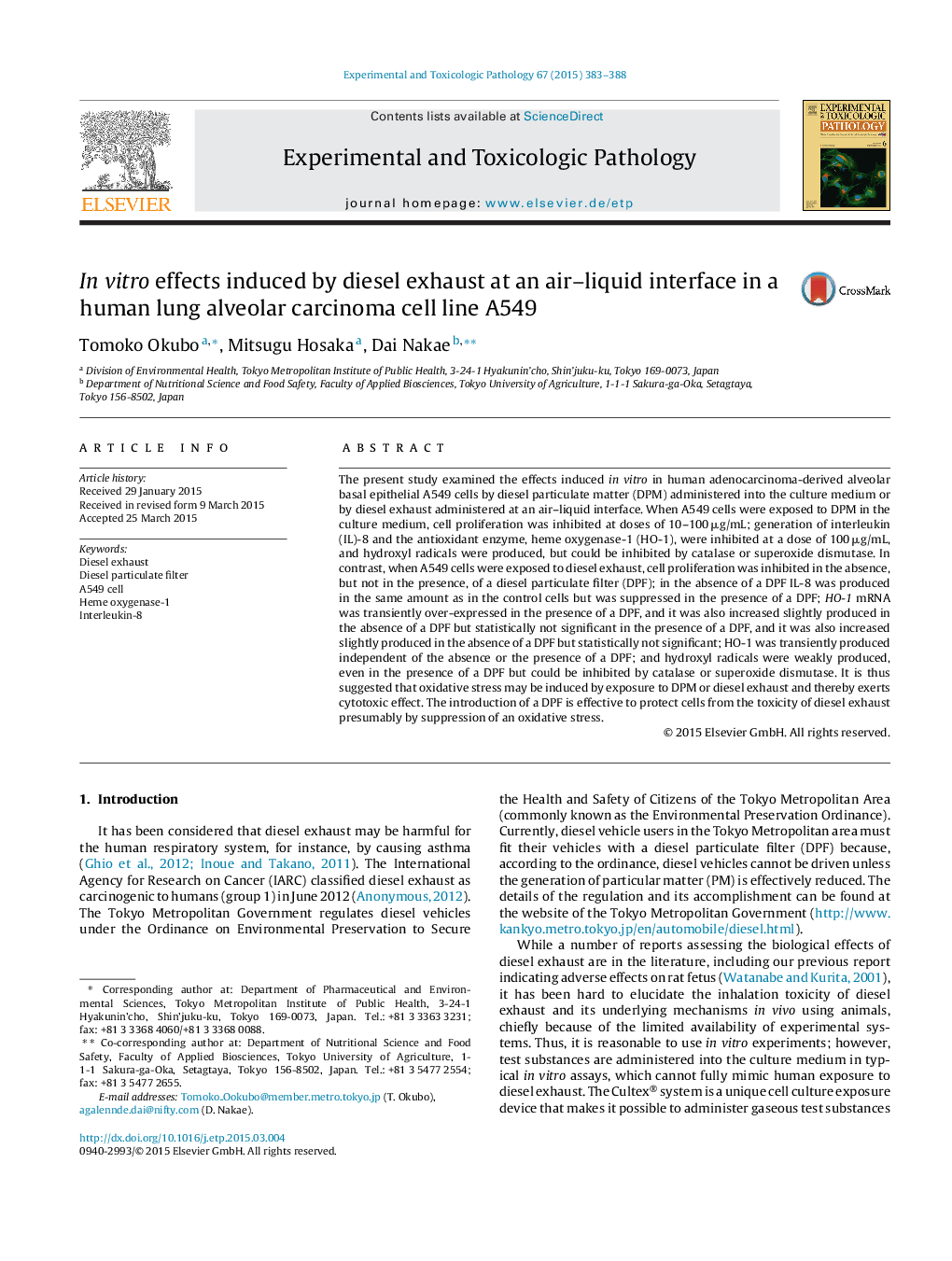 In vitro effects induced by diesel exhaust at an air-liquid interface in a human lung alveolar carcinoma cell line A549