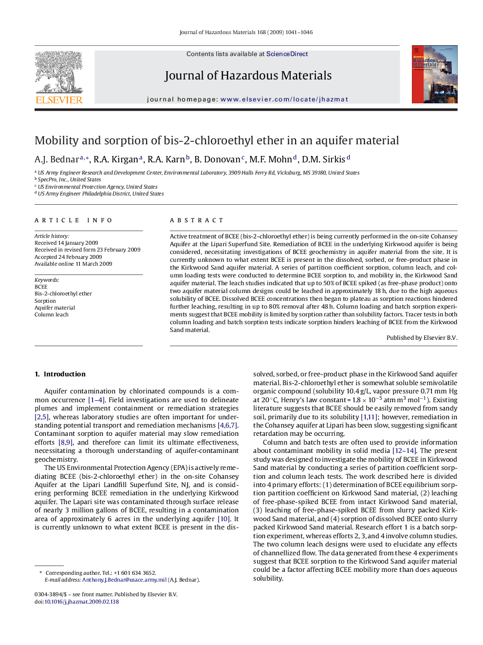 Mobility and sorption of bis-2-chloroethyl ether in an aquifer material