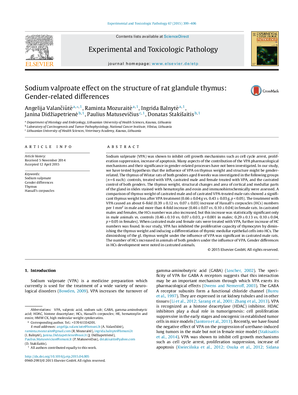 Sodium valproate effect on the structure of rat glandule thymus: Gender-related differences