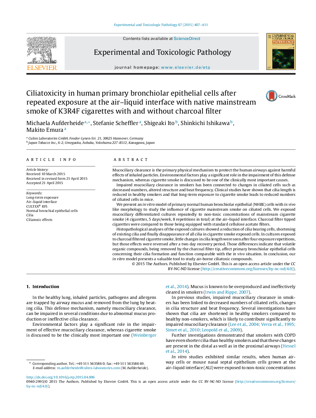 Ciliatoxicity in human primary bronchiolar epithelial cells after repeated exposure at the air-liquid interface with native mainstream smoke of K3R4F cigarettes with and without charcoal filter