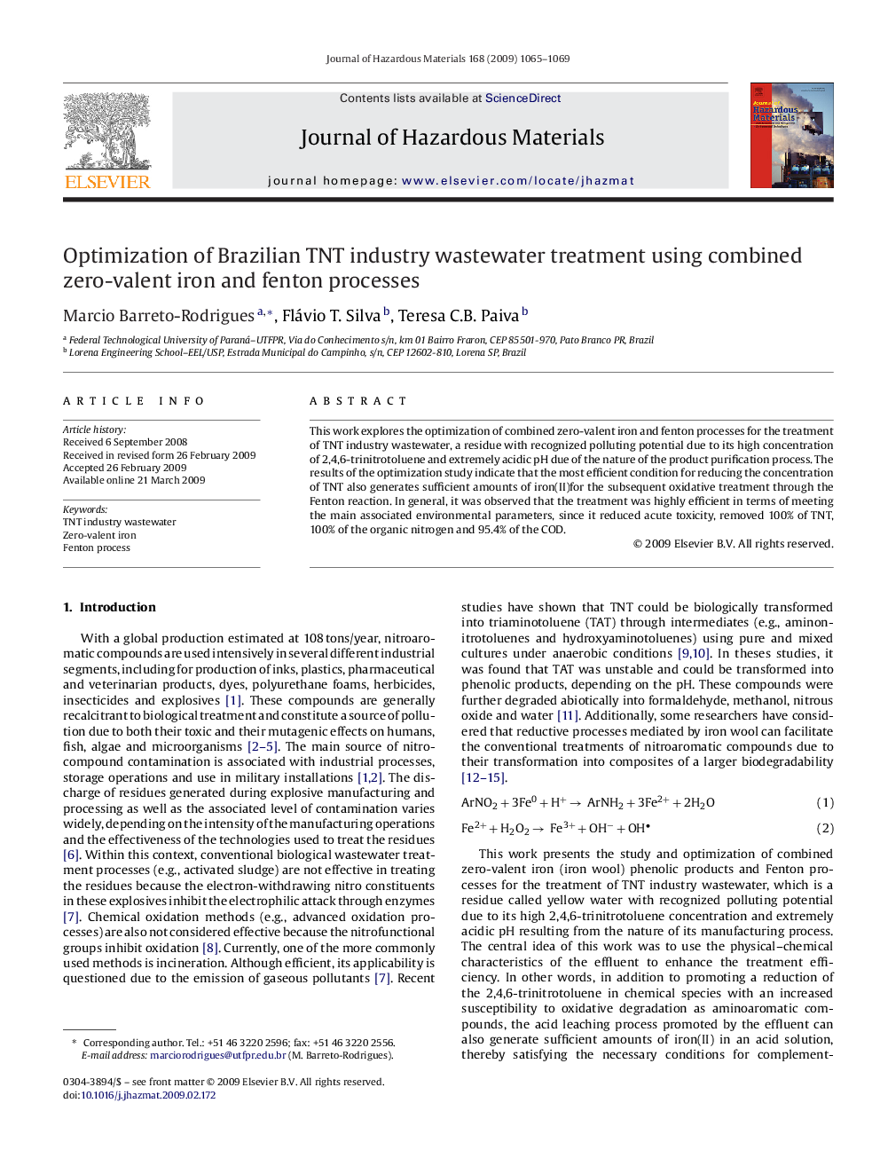 Optimization of Brazilian TNT industry wastewater treatment using combined zero-valent iron and fenton processes