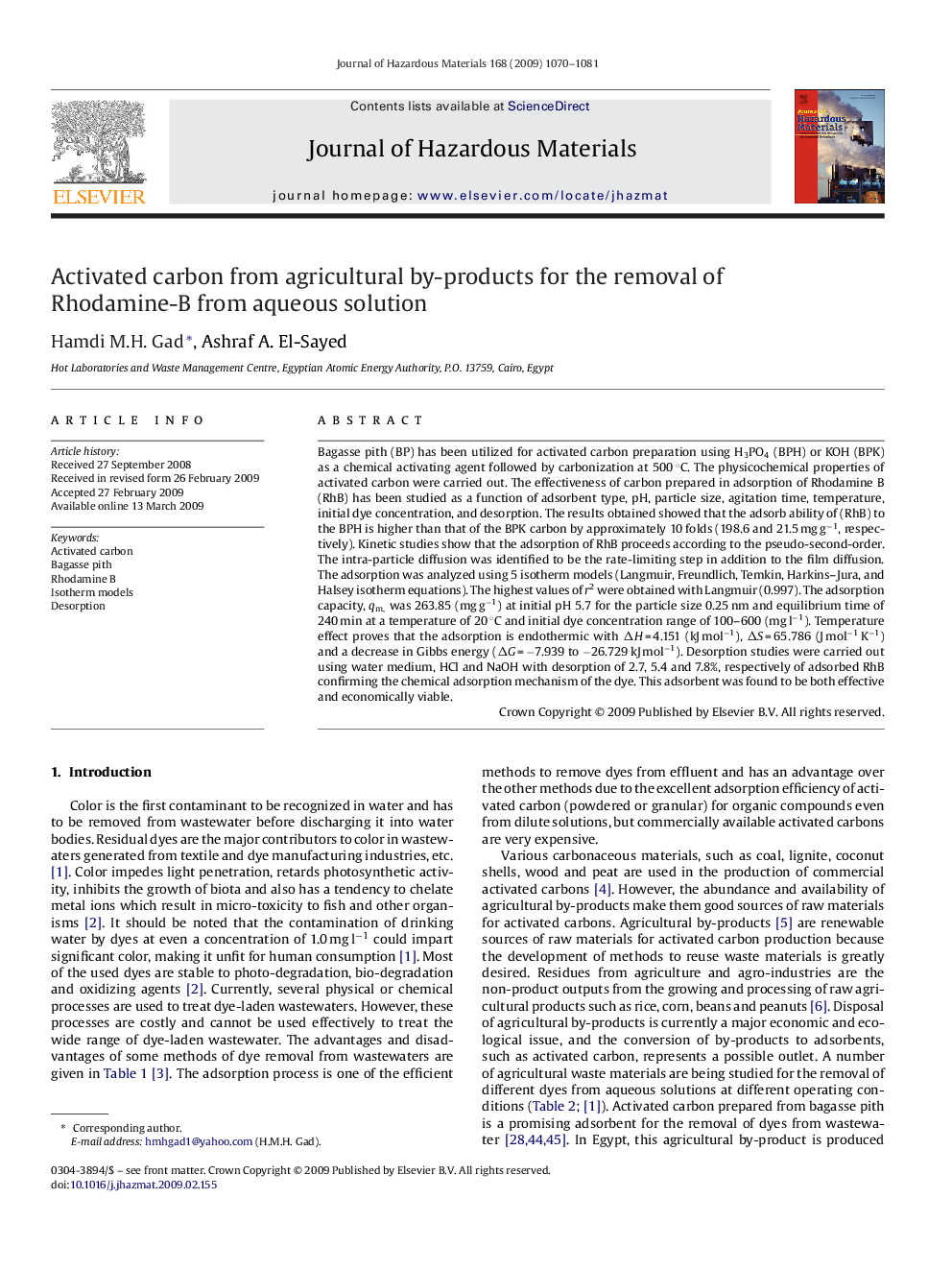 Activated carbon from agricultural by-products for the removal of Rhodamine-B from aqueous solution