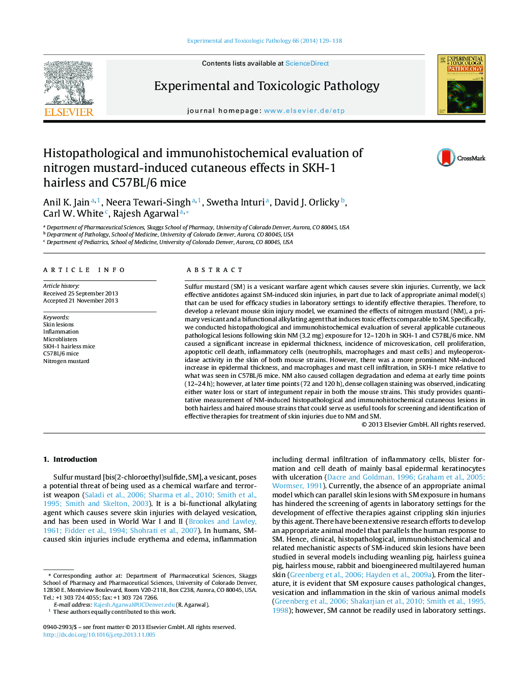 Histopathological and immunohistochemical evaluation of nitrogen mustard-induced cutaneous effects in SKH-1 hairless and C57BL/6 mice