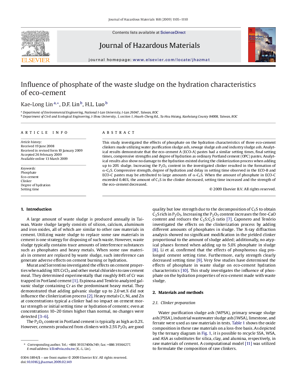 Influence of phosphate of the waste sludge on the hydration characteristics of eco-cement