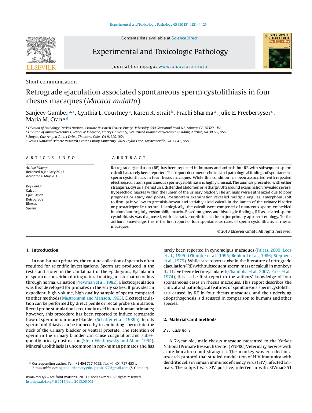 Short communicationRetrograde ejaculation associated spontaneous sperm cystolithiasis in four rhesus macaques (Macaca mulatta)