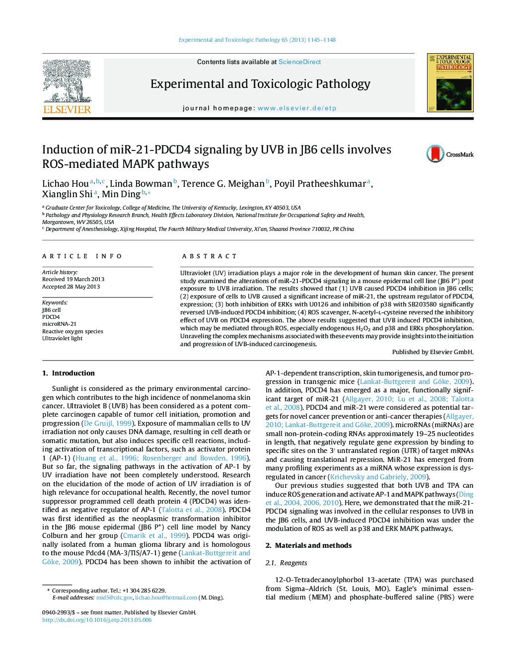 Induction of miR-21-PDCD4 signaling by UVB in JB6 cells involves ROS-mediated MAPK pathways