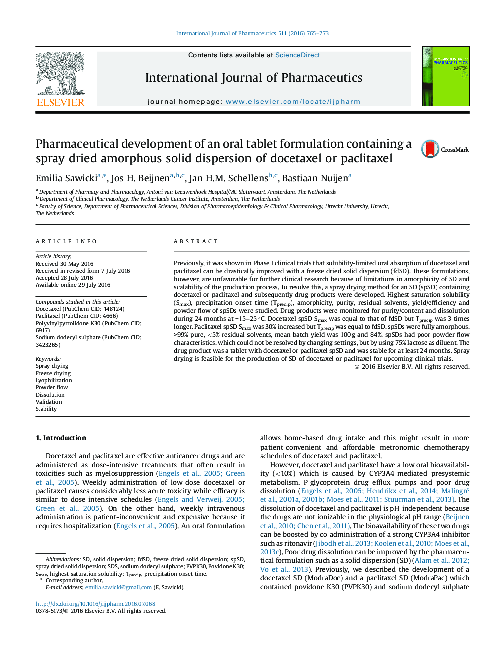 Pharmaceutical development of an oral tablet formulation containing a spray dried amorphous solid dispersion of docetaxel or paclitaxel