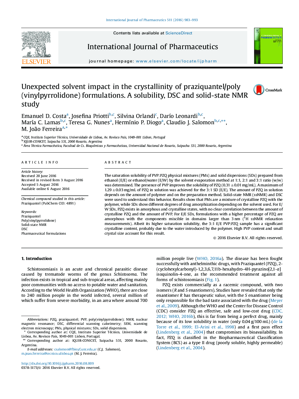 Unexpected solvent impact in the crystallinity of praziquantel/poly(vinylpyrrolidone) formulations. A solubility, DSC and solid-state NMR study