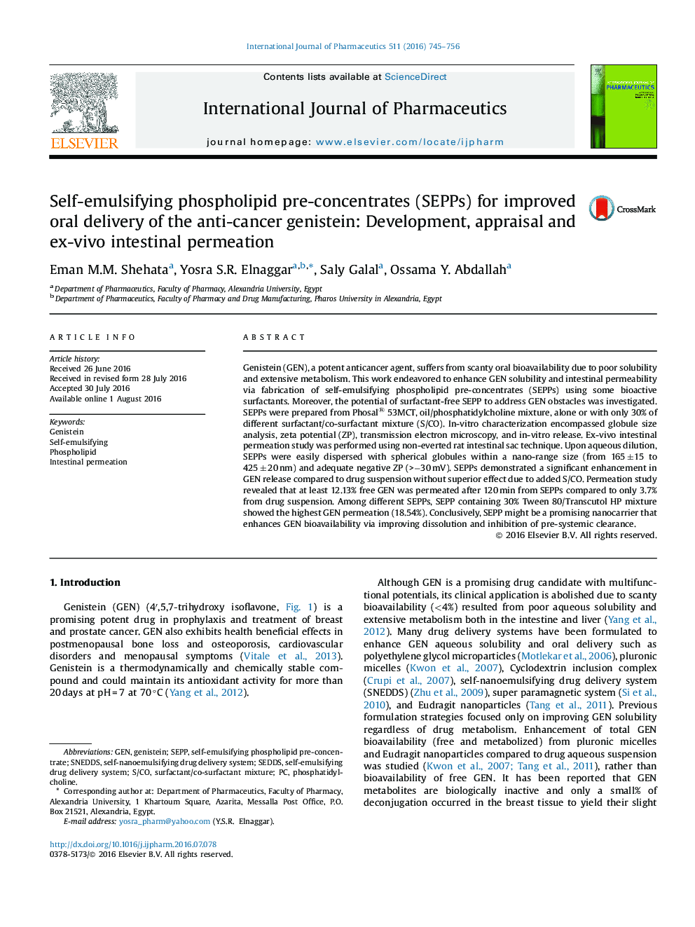 Self-emulsifying phospholipid pre-concentrates (SEPPs) for improved oral delivery of the anti-cancer genistein: Development, appraisal and ex-vivo intestinal permeation