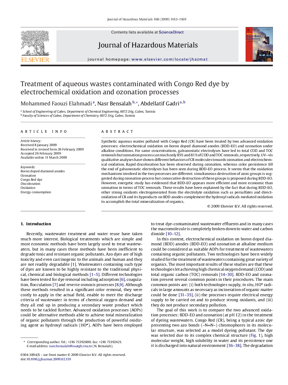 Treatment of aqueous wastes contaminated with Congo Red dye by electrochemical oxidation and ozonation processes