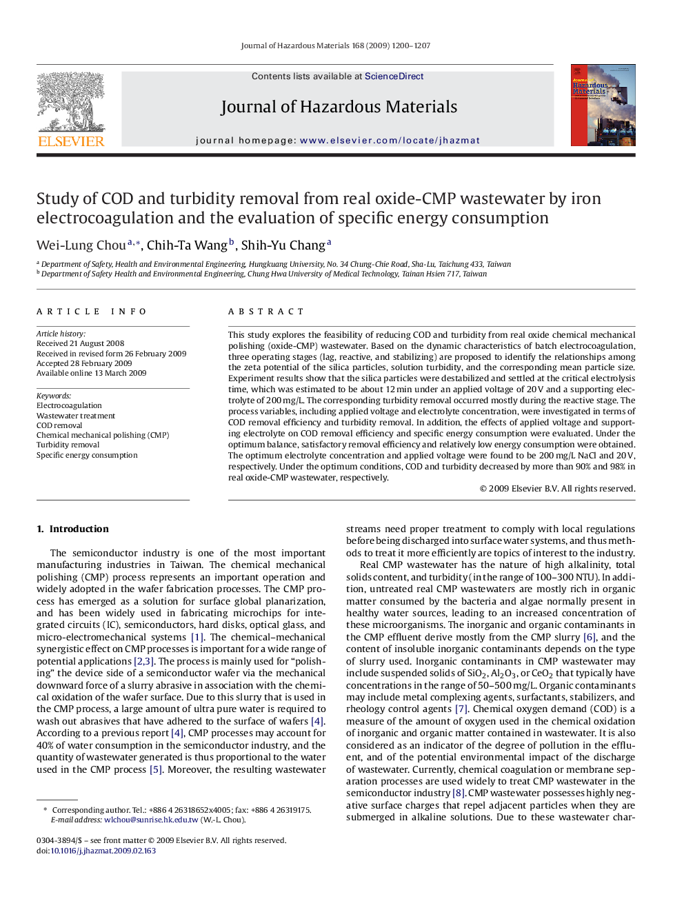 Study of COD and turbidity removal from real oxide-CMP wastewater by iron electrocoagulation and the evaluation of specific energy consumption