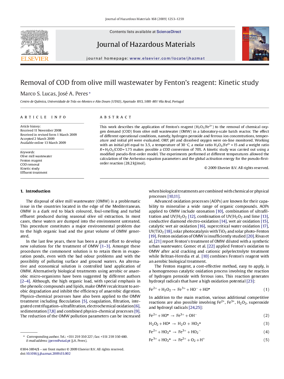 Removal of COD from olive mill wastewater by Fenton's reagent: Kinetic study