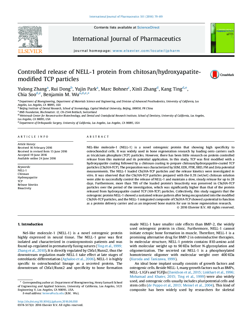 Controlled release of NELL-1 protein from chitosan/hydroxyapatite-modified TCP particles