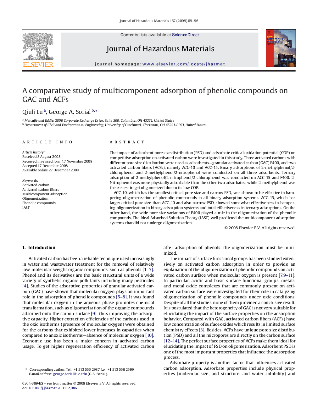 A comparative study of multicomponent adsorption of phenolic compounds on GAC and ACFs