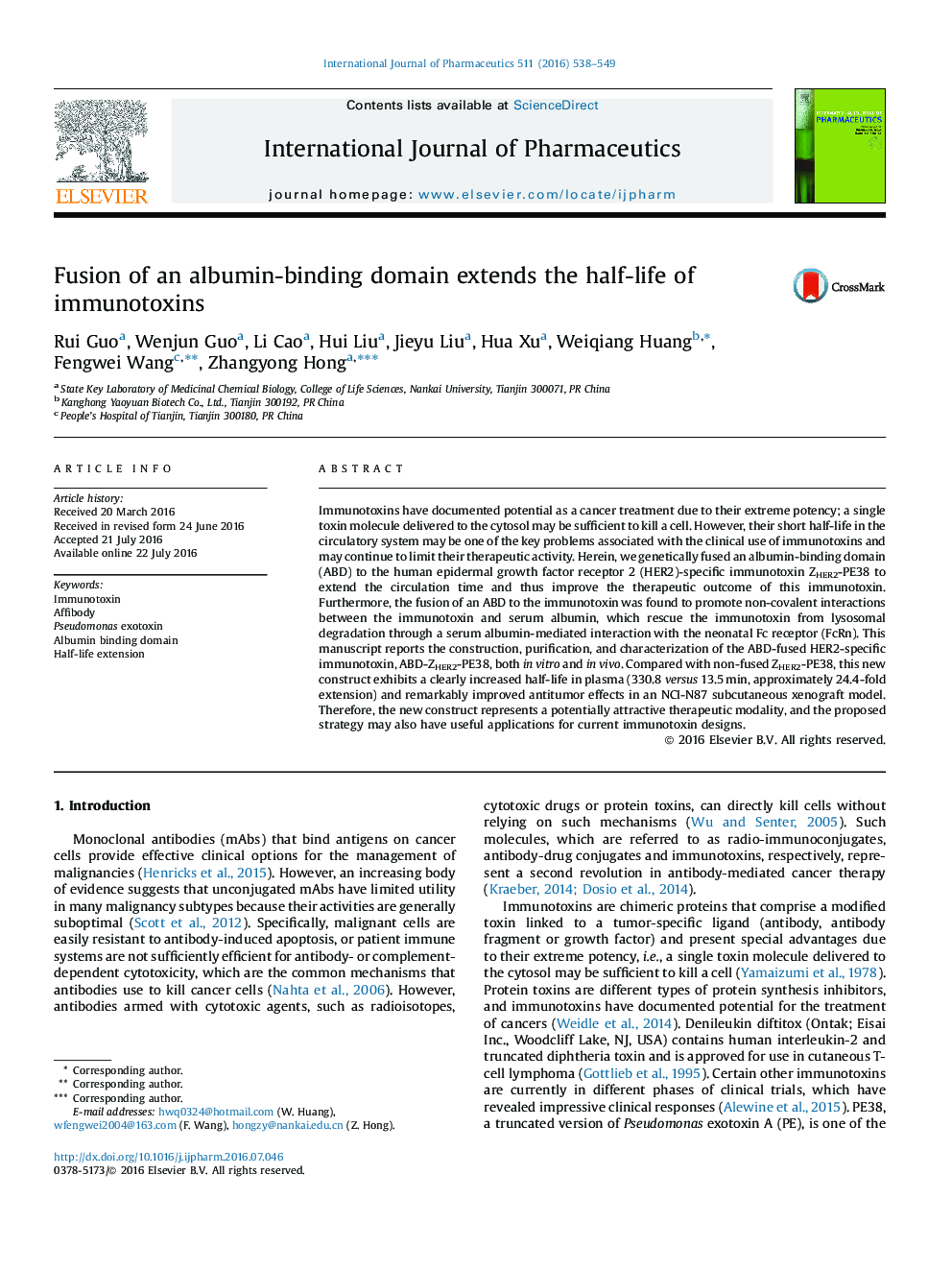 Fusion of an albumin-binding domain extends the half-life of immunotoxins