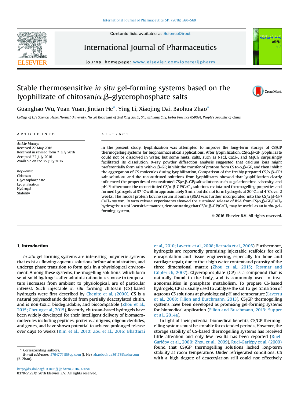 Stable thermosensitive in situ gel-forming systems based on the lyophilizate of chitosan/Î±,Î²-glycerophosphate salts