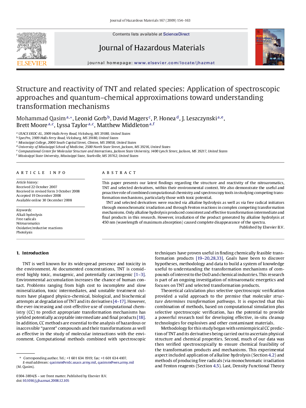 عکس صفحه اول مقاله: Structure and reactivity of TNT and related species: Application of spectroscopic approaches and quantum-chemical approximations toward understanding transformation mechanisms Structure and reactivity of TNT and related species: Application of spectroscopic approaches and quantum-chemical approximations toward understanding transformation mechanisms