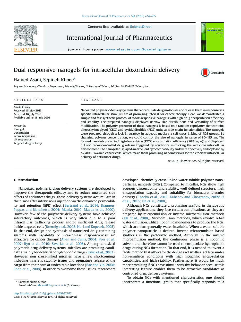 Dual responsive nanogels for intracellular doxorubicin delivery