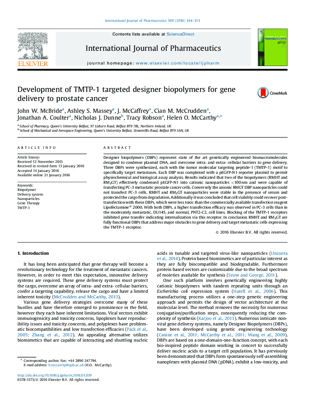 Development of TMTP-1 targeted designer biopolymers for gene delivery to prostate cancer