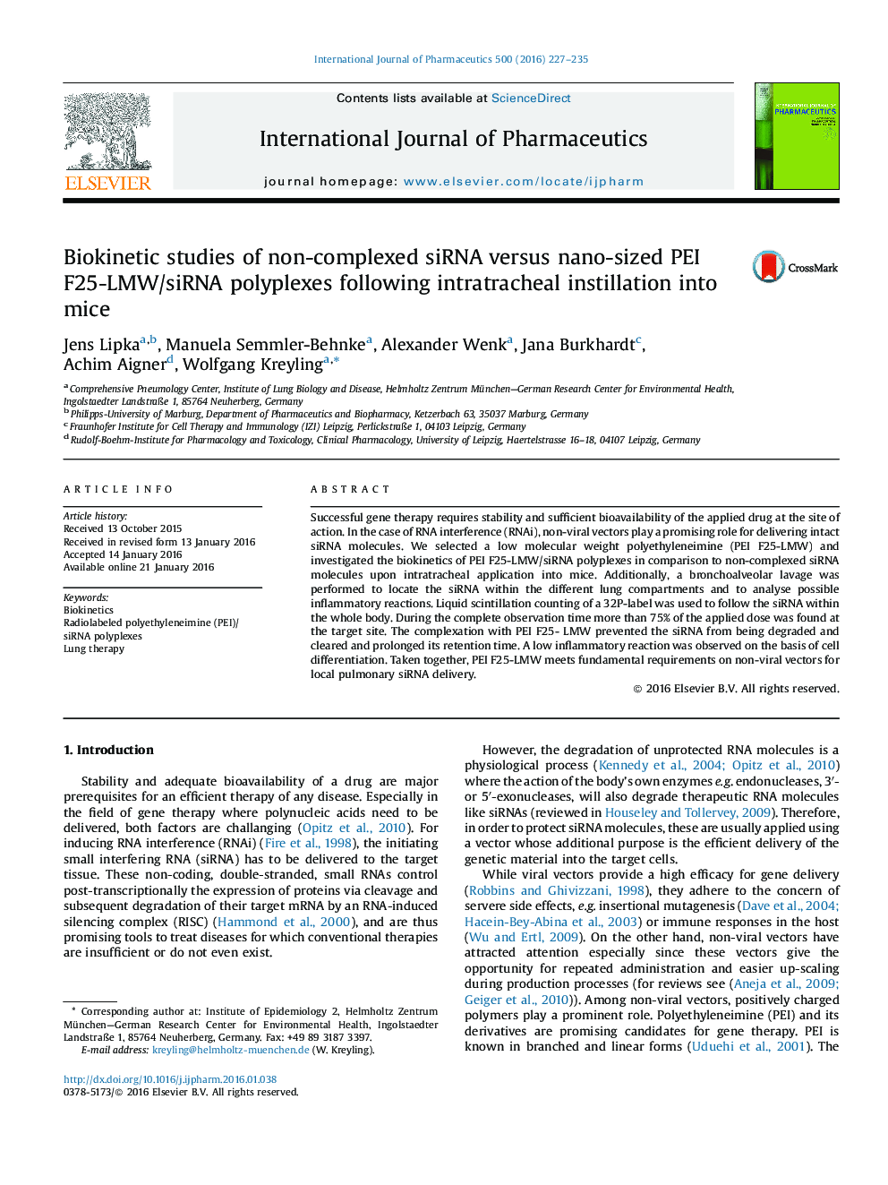 Biokinetic studies of non-complexed siRNA versus nano-sized PEI F25-LMW/siRNA polyplexes following intratracheal instillation into mice