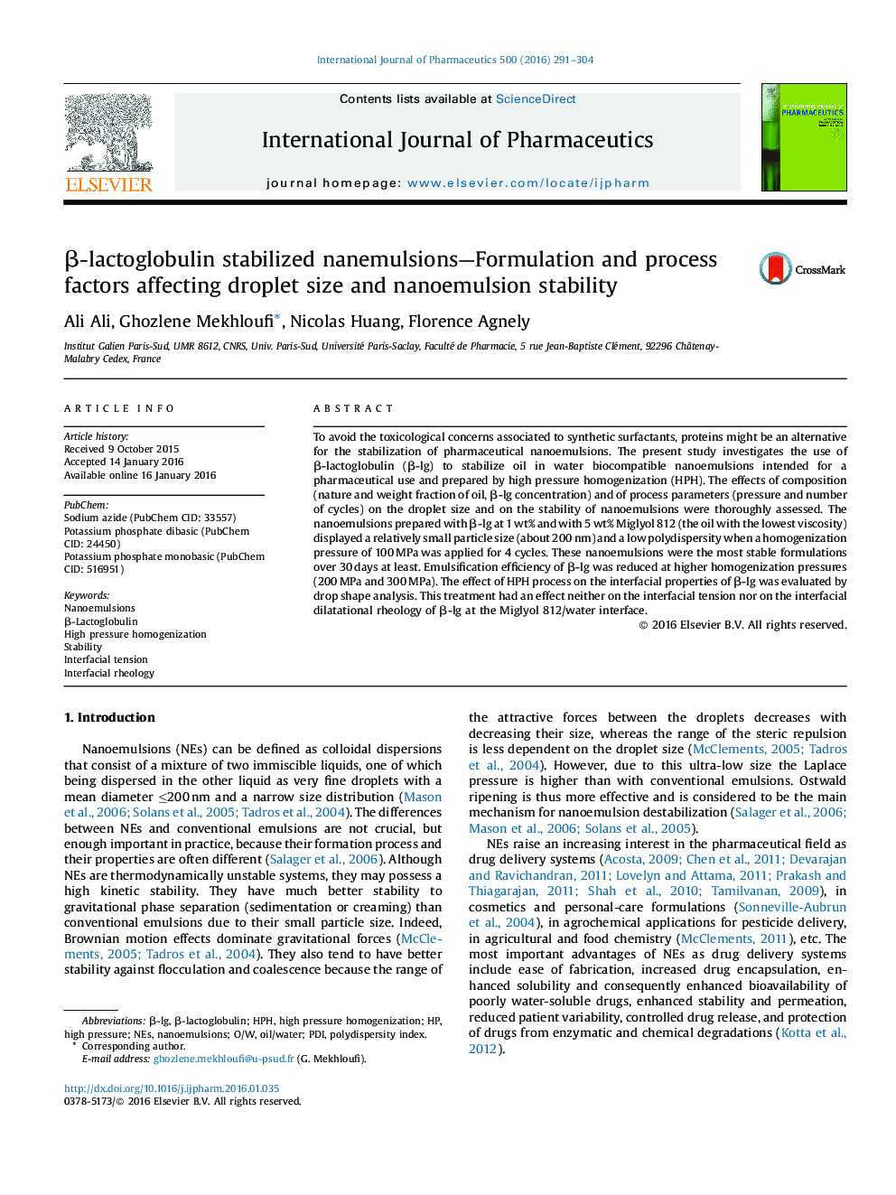 Î²-lactoglobulin stabilized nanemulsions-Formulation and process factors affecting droplet size and nanoemulsion stability