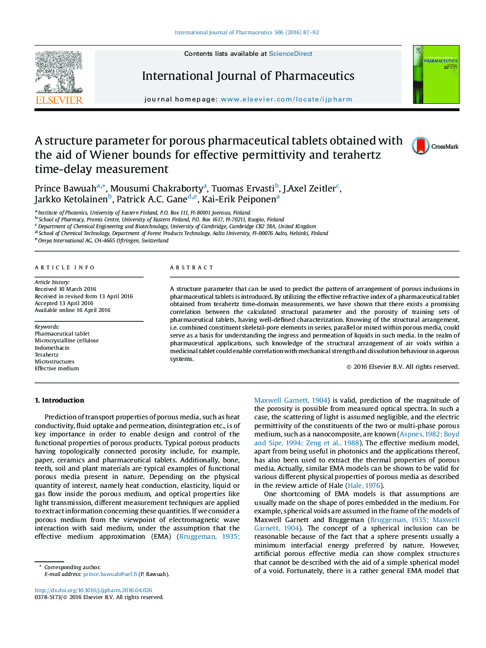 A structure parameter for porous pharmaceutical tablets obtained with the aid of Wiener bounds for effective permittivity and terahertz time-delay measurement