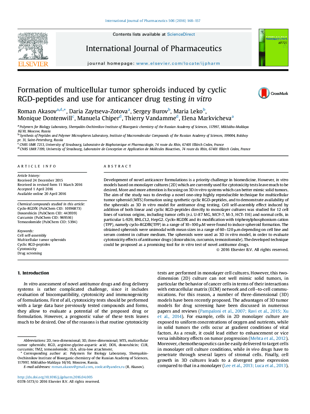 Formation of multicellular tumor spheroids induced by cyclic RGD-peptides and use for anticancer drug testing in vitro