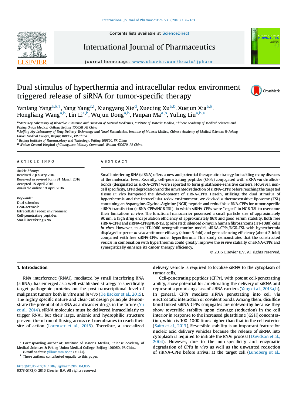 Dual stimulus of hyperthermia and intracellular redox environment triggered release of siRNA for tumor-specific therapy