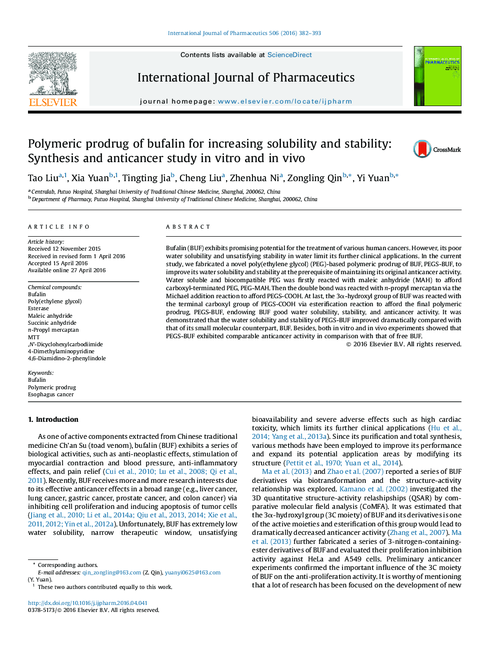 Polymeric prodrug of bufalin for increasing solubility and stability: Synthesis and anticancer study in vitro and in vivo