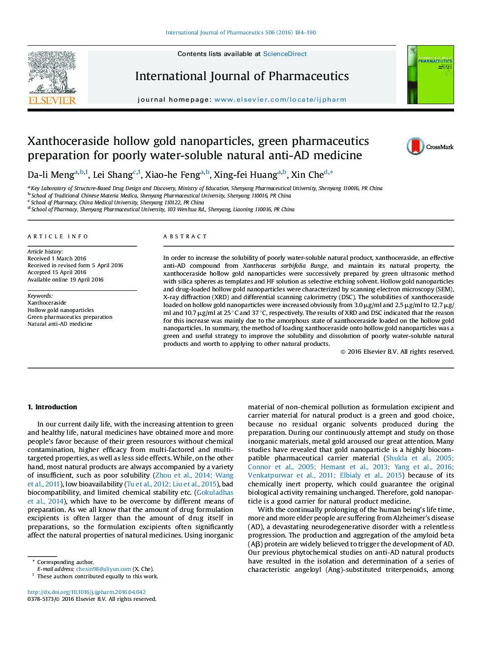 Xanthoceraside hollow gold nanoparticles, green pharmaceutics preparation for poorly water-soluble natural anti-AD medicine