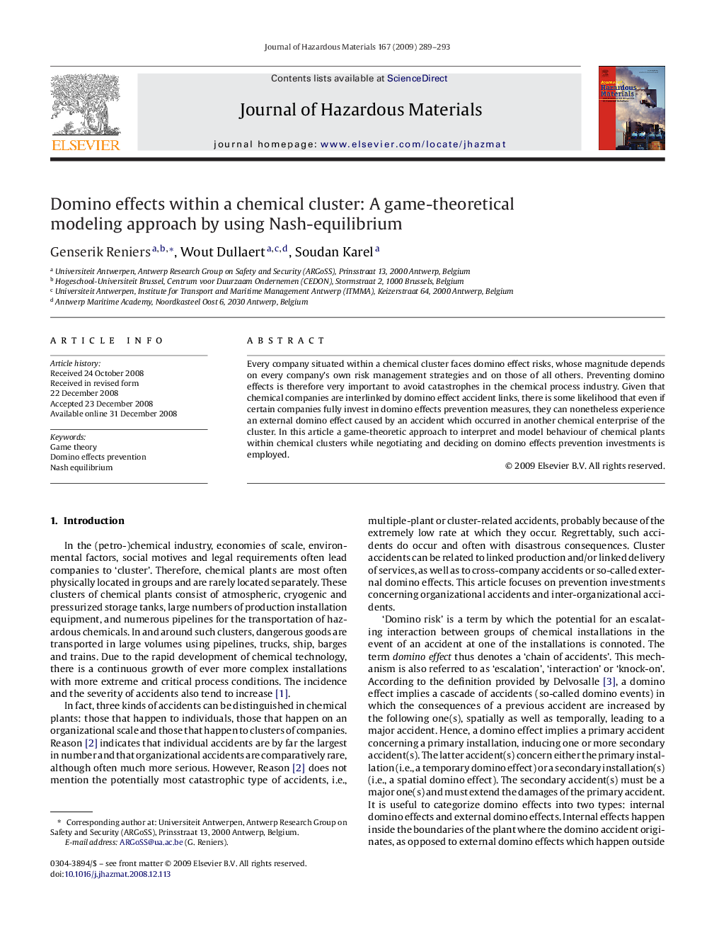 Domino effects within a chemical cluster: A game-theoretical modeling approach by using Nash-equilibrium