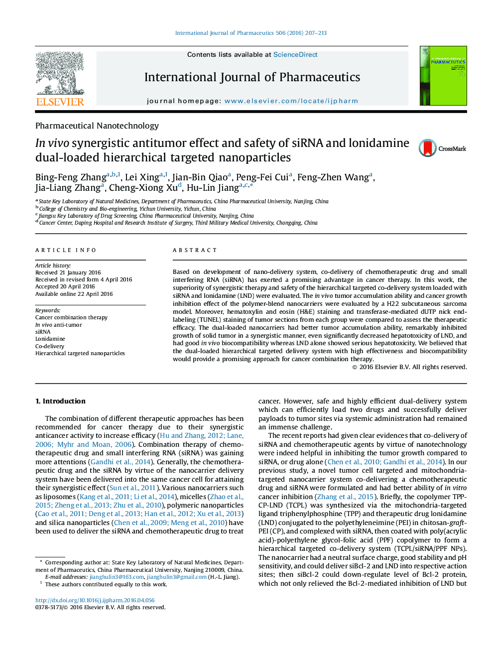 In vivo synergistic antitumor effect and safety of siRNA and lonidamine dual-loaded hierarchical targeted nanoparticles