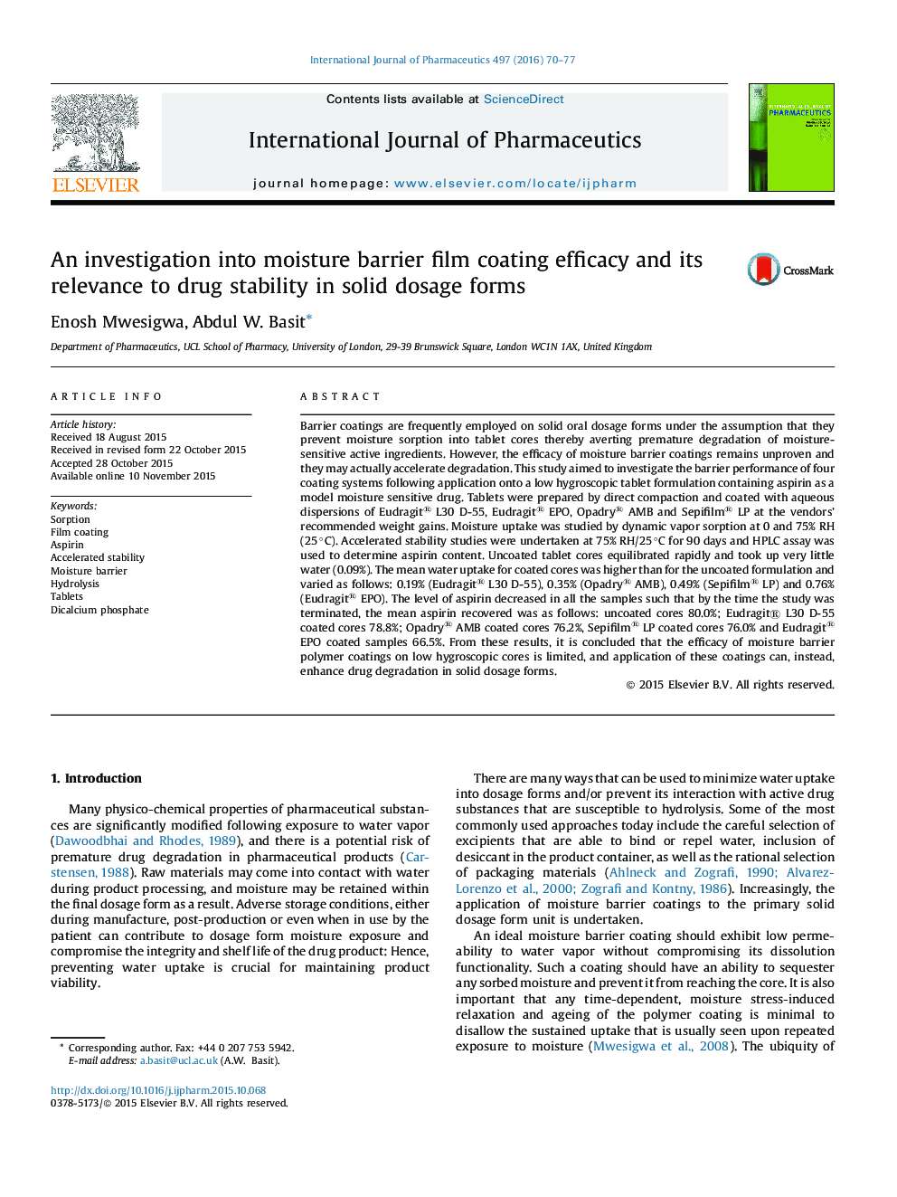 An investigation into moisture barrier film coating efficacy and its relevance to drug stability in solid dosage forms