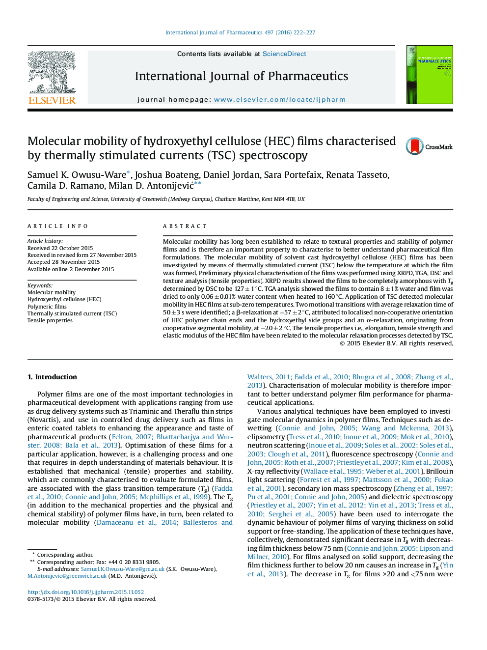 Molecular mobility of hydroxyethyl cellulose (HEC) films characterised by thermally stimulated currents (TSC) spectroscopy