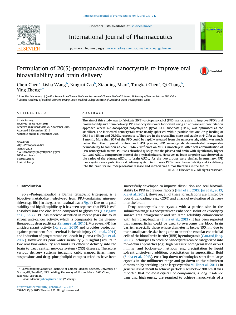 Formulation of 20(S)-protopanaxadiol nanocrystals to improve oral bioavailability and brain delivery